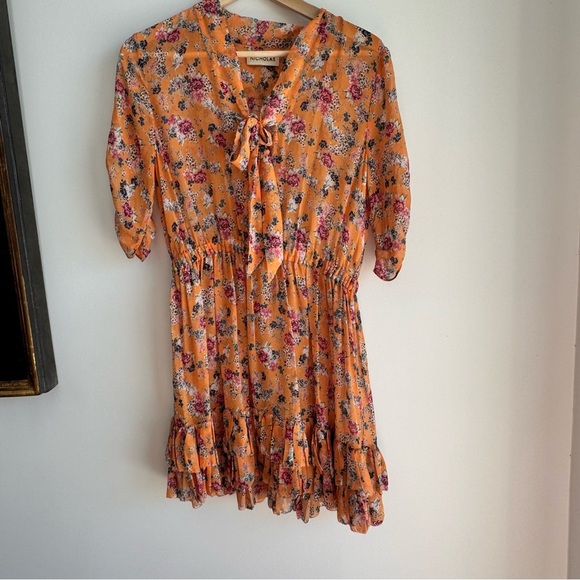 Nicholas Ruffle Mini Dress Floral Multi Print Victorian Front Tie Size 38 US S - Picture 12 of 14